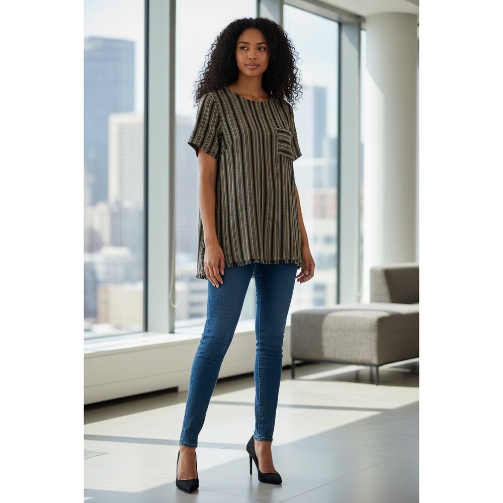 Fringe Collection Striped Blouse Gray Black White Fringe Hem High Low NWT Medium